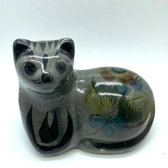 Vintage Gray Tonala Pottery Cat, Mexico Folk Art, Hand Painted Art, Cat Figurine - Picture 1 of 10